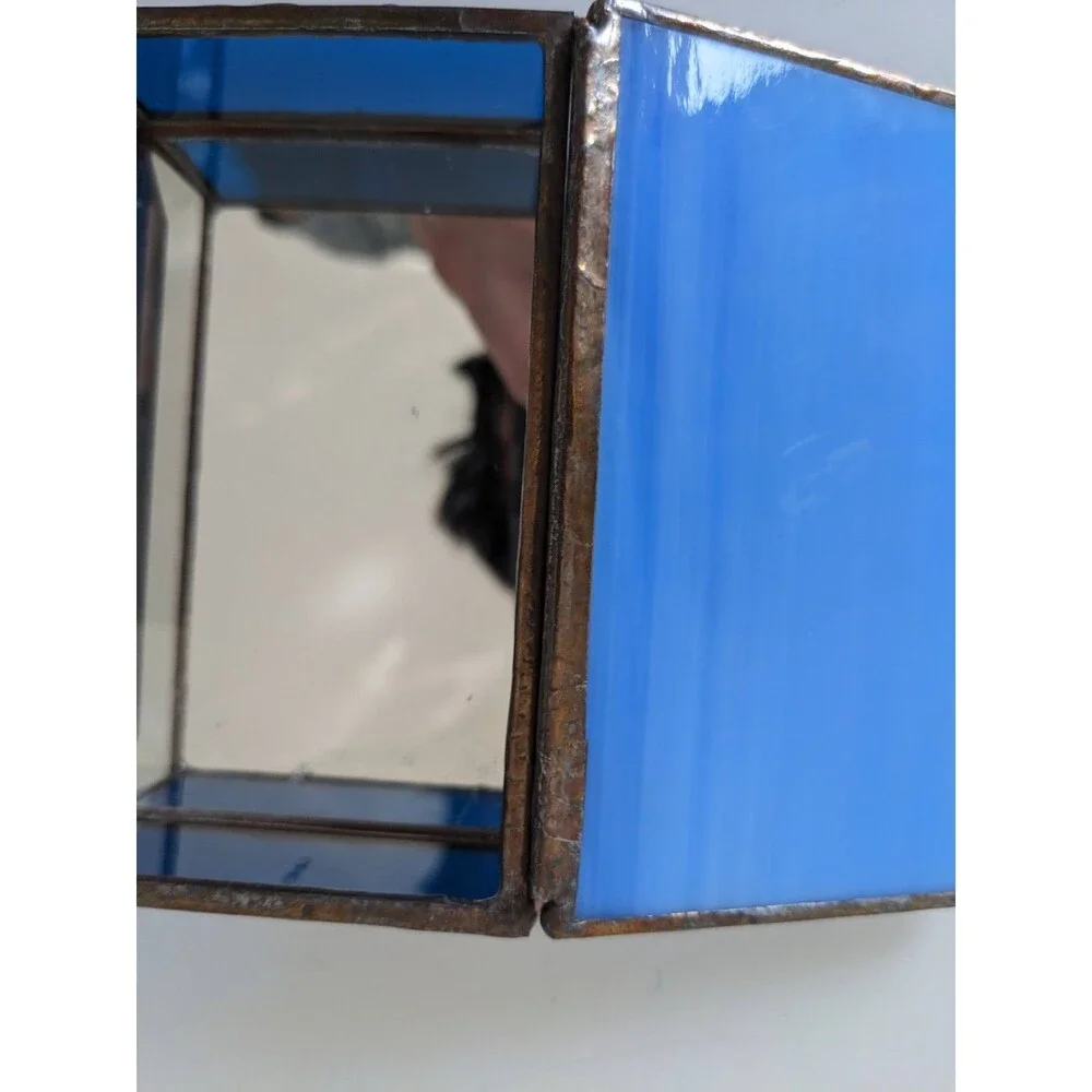 Vintage Stained Glass Brass Trinket Jewelry Box Blue With Mirrored Bottom Flower